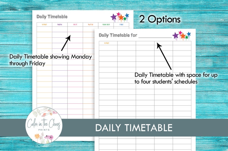 May include: Two printable daily timetable templates. The first template shows Monday through Friday with space for time slots. The second template has space for up to four students' schedules. Both templates have a gray background with the text "Daily Timetable" in white.