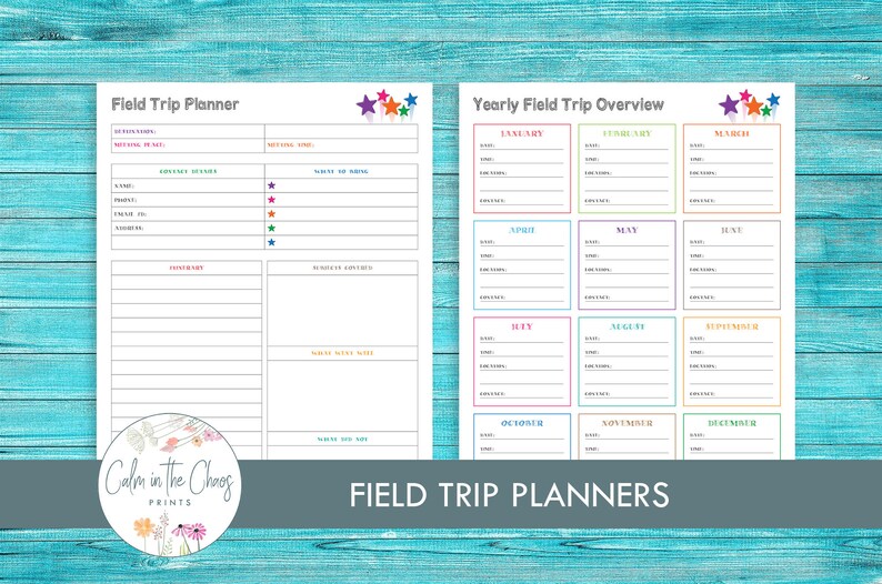 May include: Printable field trip planner with a colorful star design. The planner includes a section for a yearly overview and a detailed trip planner.