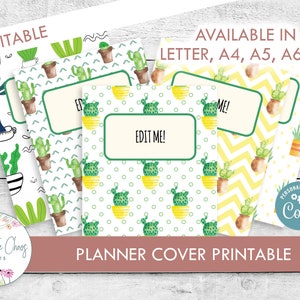 Cubierta de planificador imprimible - Diseño de cactus lindo - Cubiertas de carpetas editables - Carpeta de planificador académico personalizado - Carta, A4, A5, A6, B6 Tamaños