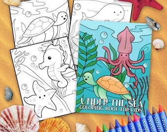 Könnte beinhalten: Ein Malbuch mit dem Titel "Under the Sea Coloring Book for Kids". Das Cover zeigt eine Cartoon-Meeresschildkröte, einen Tintenfisch und Algen. Das Buch ist von Muscheln und Buntstiften umgeben.