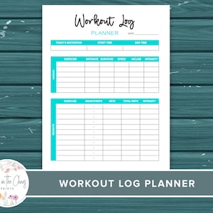 May include: Printable workout log planner with sections for cardio and weights. The planner includes fields for exercise, distance, duration, speed, incline, intensity, weight, reps, sets, total reps, and intensity. The planner is designed to help you track your fitness progress.