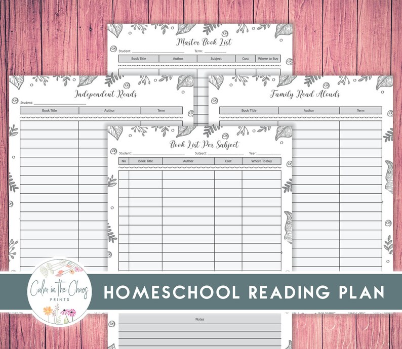 Pu&ograve; includere: Piano di lettura per la scuola a casa con pi&ugrave; elenchi di libri stampabili. Gli elenchi includono sezioni per titolo del libro, autore, argomento e costo. Il design presenta accenti floreali e di foglie in grigio e bianco, con il testo "Homeschool Reading Plan".