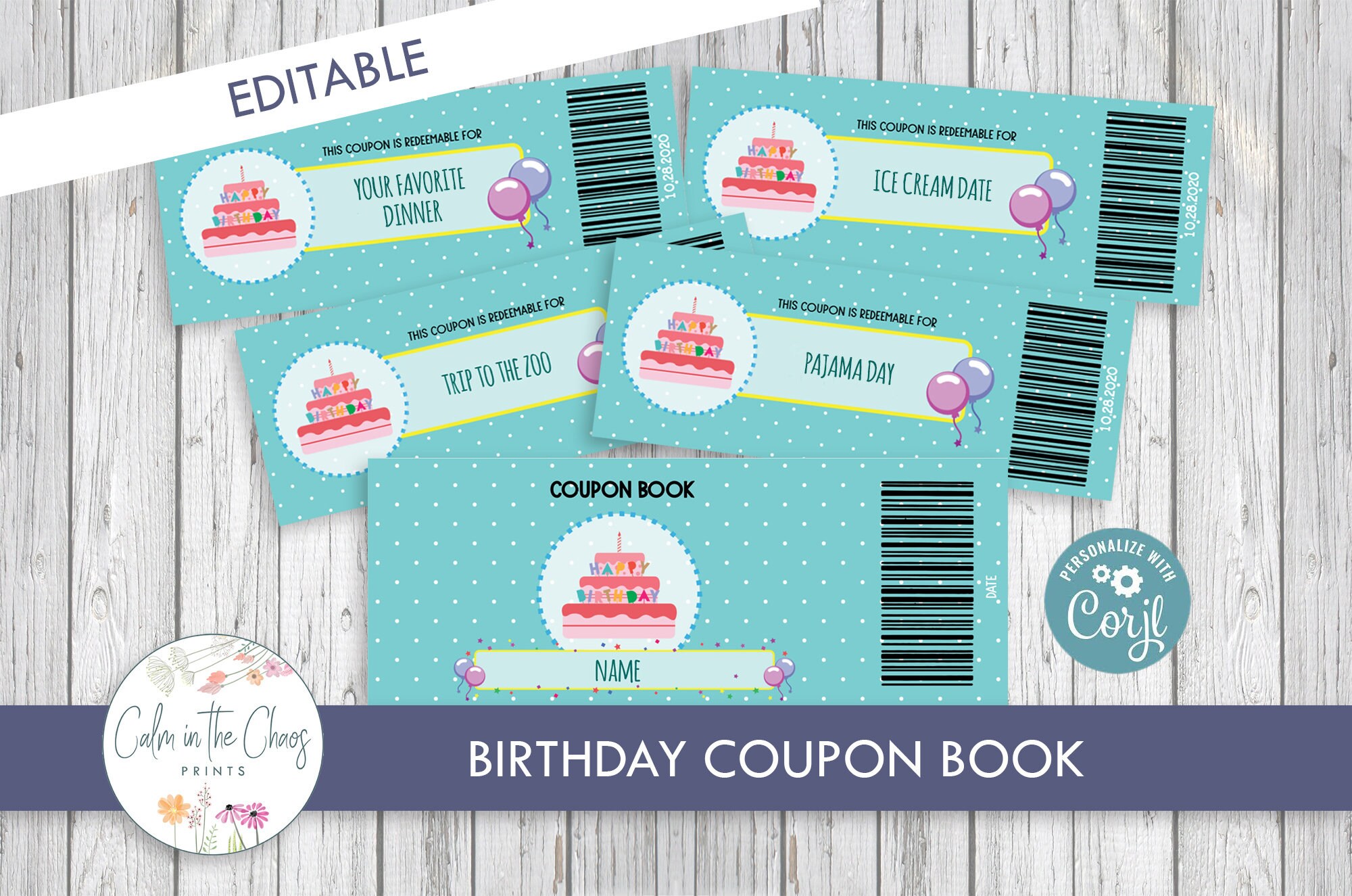 Printable Coupon Book Birthday Cake Themed Gift Editable Coupon Book