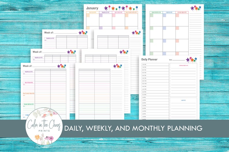 May include: A set of printable planners featuring daily, weekly, and monthly layouts. The planners are decorated with colorful stars and have a simple, clean design.