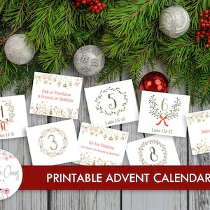 Calendário do Advento para impressão - Contagem regressiva para o Natal com 25 versículos bíblicos e atividades familiares divertidas - Download instantâneo em PDF