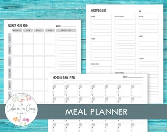 Puede incluir: Planificador de comidas imprimible con un plan de comidas semanal y mensual, una lista de compras y el texto "Calm in the Chaos Prints".