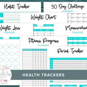 Paquete imprimible Fitness Planner - Páginas del planificador de seguimiento de salud - Seguidores de progreso, medidas y pérdida de peso - Tamaños carta, A4, A5