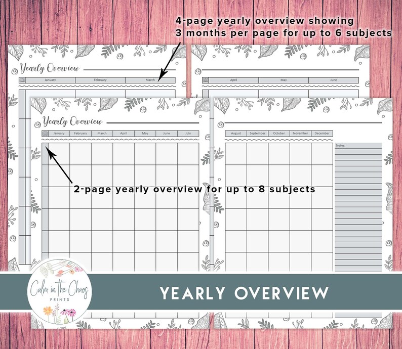 Pu&ograve; includere: Un pianificatore annuale in bianco e nero con elementi floreali. Il pianificatore include una panoramica di 4 pagine per un massimo di 6 argomenti e una panoramica di 2 pagine per un massimo di 8 argomenti. Il testo "Yearly Overview" &egrave; visibile.