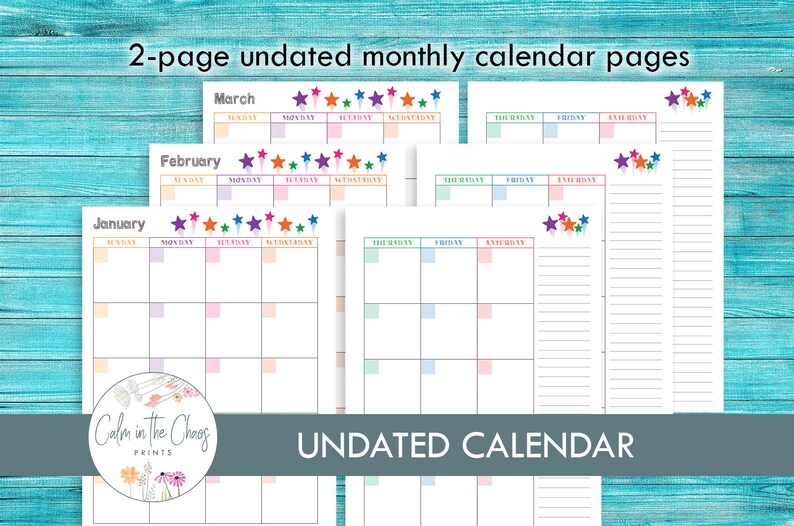May include: A set of printable undated monthly calendar pages with colorful stars and a floral design. The pages are labeled January, February, and March.