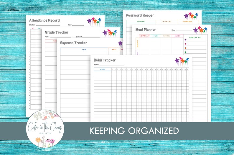 May include: Printable planner pages with colorful star accents. The pages include sections for attendance, grades, expenses, habits, passwords, and meal planning. The text "Keeping Organized" is at the bottom of the page.