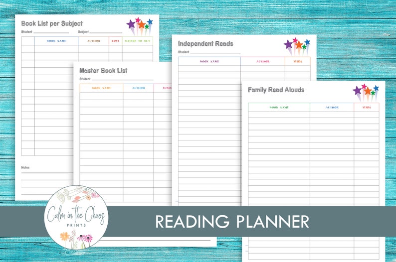 May include: Printable reading planner with four different lists: Book List per Subject, Master Book List, Independent Reads, and Family Read Alouds. Each list has a title, student name, book title, and reading date columns. The planner is decorated with colorful stars.