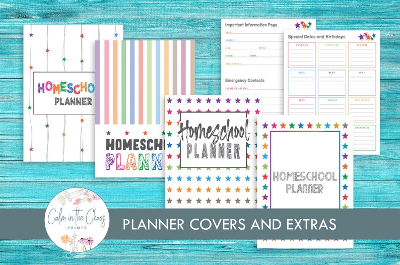 May include: Printable planner covers and extras featuring a variety of colorful designs with stars, stripes, and text that says "Homeschool Planner".