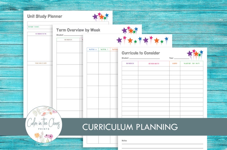 May include: Printable curriculum planning worksheets with colorful stars. The worksheets include sections for unit study planner, term overview by week, and curricula to consider.