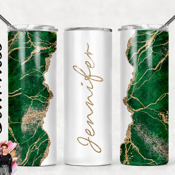 Add Your Own Text / Name Bright Green Gold and White Marble Glitter Agate Sublimation Tumbler Designs - 20oz Skinny Tumbler Templates - PNG