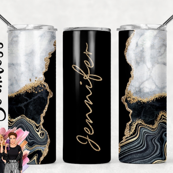 Add Your Own Text / Name Black Gold and Marble Glitter Agate Sublimation Tumbler Designs - 20oz Skinny Tumbler Templates - PNG