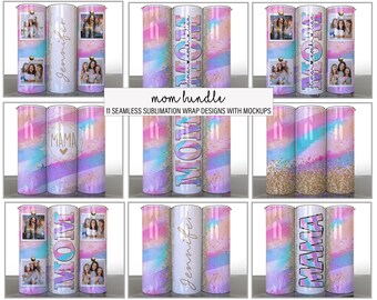 Paquete de mamá de 11 rayas abstractas Oro púrpura Diseños de vaso de sublimación del Día de la Madre Fotos Agregue su nombre Mamá dividida - Envolturas delgadas de 20 oz