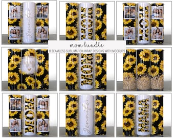 Paquete de mamá de 11 girasoles Oro amarillo negro Diseños de vaso de sublimación del Día de la Madre Fotos Agregue su nombre Mamá dividida - Envolturas delgadas de 20 oz