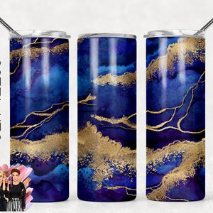 Royal Blue Gold Glitter Abstract Agate Marble Sublimation Tumbler Designs - 20oz Skinny Tumbler Wraps Templates - PNG