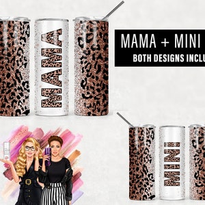 MAMA MINI Copper Glitter Leopard Print Sublimation Tumbler Designs Cheetah Print - 20oz Skinny Tumbler Wraps Templates - PNG