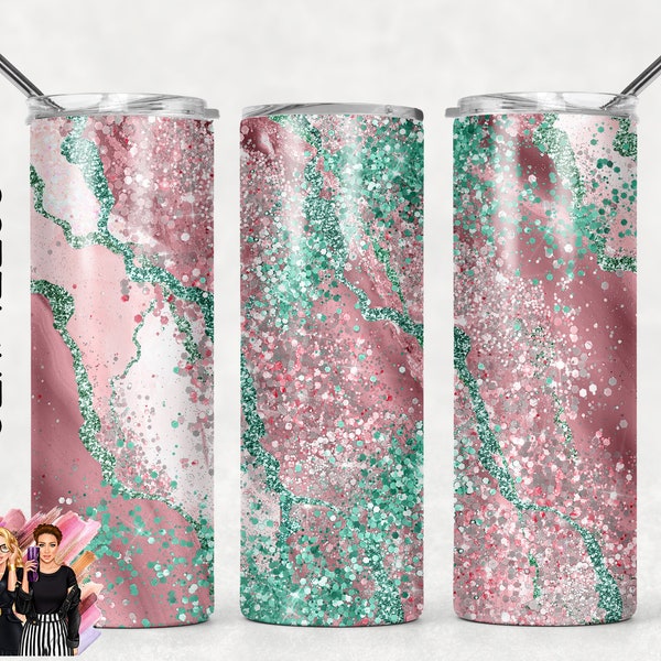 SEAMLESS Blush Pink and teal Agate Confetti Glitter Geode Epoxy Look Sublimation Tumbler Designs - 20oz Skinny Wraps Templates - PNG
