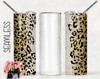 Gold Glitter Leopard Print Add Your Own Text Name Sublimation Tumbler Designs Cheetah Print - 20oz Skinny Tumbler Wraps Templates - PNG