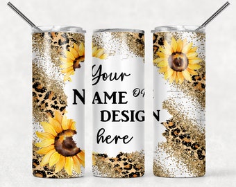 SEAMLESS Sunflowers Leopard Print Add Your Name Gold Cheetah Sublimation Tumbler Designs - 20oz Skinny Tumbler Wraps Templates - PNG