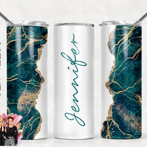 Add Your Own Text / Name Emerald Green Gold and White Marble Glitter Agate Sublimation Tumbler Designs - 20oz Skinny Tumbler Templates - PNG