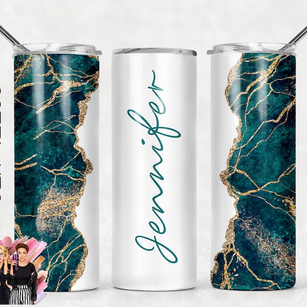 Add Your Own Text / Name Emerald Green Gold and White Marble Glitter Agate Sublimation Tumbler Designs - 20oz Skinny Tumbler Templates - PNG