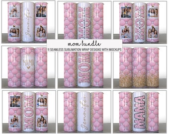 Paquete de mamá de 11 globos de fiesta rosados, diseños de vaso de sublimación del Día de la Madre dorado, fotos, agregue su nombre, mamá dividida, envolturas delgadas de 20 oz