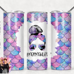 SEAMLESS Sublimation Tumbler Designs Mermaid Mom Life Mom Bun Hair - 20oz Skinny Tumbler Wraps Templates - PNG