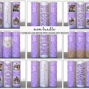 Mom Bundle of 11 Purple Party Confetti gold Mothers Day Sublimation Tumbler Designs Photos Add your Name Split Mom - 20oz Skinny Wraps