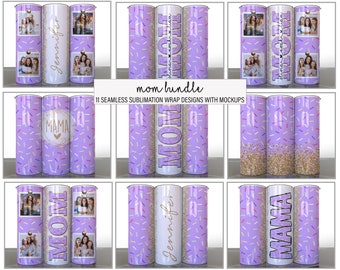 Paquete de mamá de 11 confeti de fiesta púrpura, diseños de vasos de sublimación dorados para el Día de la Madre, fotos, agregue su nombre, mamá dividida, envolturas delgadas de 20 oz
