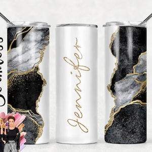 Voeg uw eigen tekst/naam toe Zwart goud en wit Glitter Agaat Sublimatie Tumbler Designs - 20oz Skinny Tumbler Templates - PNG