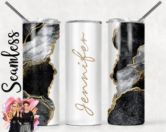 Add Your Own Text / Name Black Gold and White Glitter Agate Sublimation Tumbler Designs - 20oz Skinny Tumbler Templates - PNG