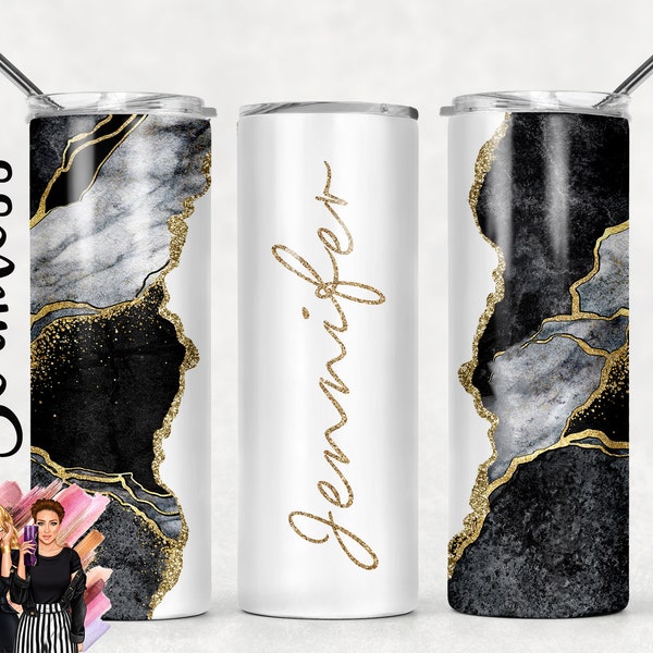 Ajoutez votre propre texte / nom Or noir et blanc Glitter Agate Sublimation Tumbler Designs - 20oz Skinny Tumbler Templates - PNG