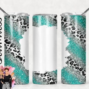 Sublimatie Tumbler Designs Teal Silver Glitter Snow Leopard voeg uw tekst of ontwerp toe - 20oz Skinny Tumbler Wraps Templates - PNG Naadloos