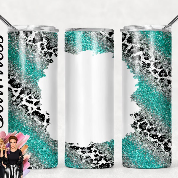 Sublimation Tumbler Designs Teal Silver Glitter Snow Leopard add your text or design - 20oz Skinny Tumbler Wraps Templates - PNG Seamless