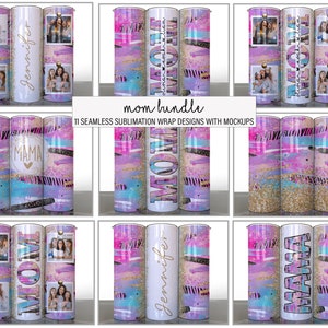 Mom Bundle of 11 Abstract Purple Pink gold Mothers Day Sublimation Tumbler Designs Photos Add your Name Split Mom - 20oz Skinny Wraps