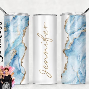 Agregue su propio texto / nombre Blue Agate Gold Marble Glitter Sublimation Tumbler Designs - 20oz Skinny Tumbler Templates - PNG