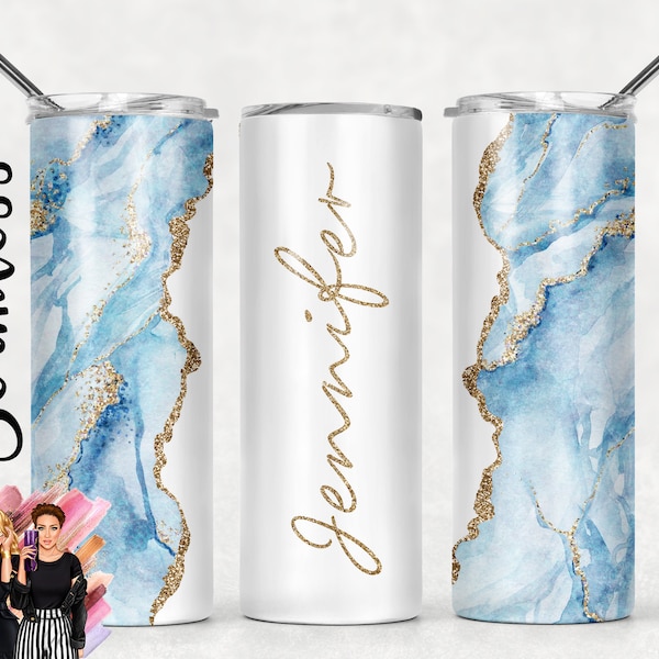 Add Your Own Text / Name Blue Agate Gold Marble Glitter Sublimation Tumbler Designs - 20oz Skinny Tumbler Templates - PNG