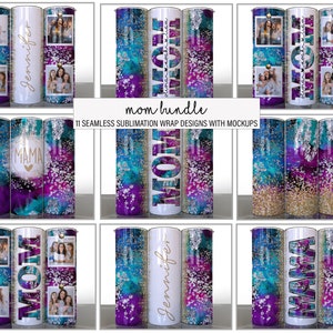 Mom Bundle of 11 Abstract Purple Blue gold Mothers Day Sublimation Tumbler Designs Photos Add your Name Split Mom - 20oz Skinny Wraps