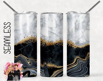 Black and White Gold Glitter Abstract Agate Marble Sublimation Tumbler Designs - 20oz Skinny Tumbler Wraps Templates - PNG