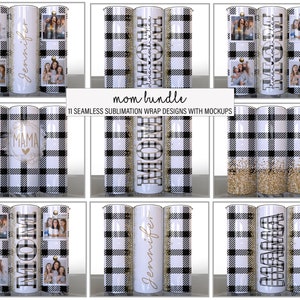 Mom Bundle of 11 Stripes Black White gold Mothers Day Sublimation Tumbler Designs Photos Add your Name Split Mom - 20oz Skinny Wraps