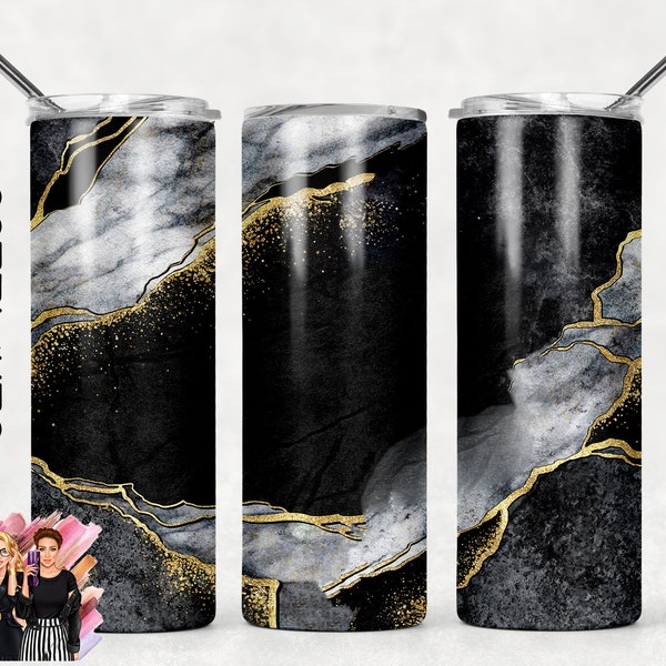 Black and White Gold Glitter Abstract Agate Marble Sublimation Tumbler Designs - 20oz Skinny Tumbler Wraps Templates - PNG