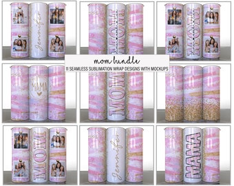 Paquete de mamá de 11 diseños de vaso de sublimación dorado con rayas moradas abstractas, fotos, agregue su nombre, mamá dividida, envolturas delgadas de 20 oz