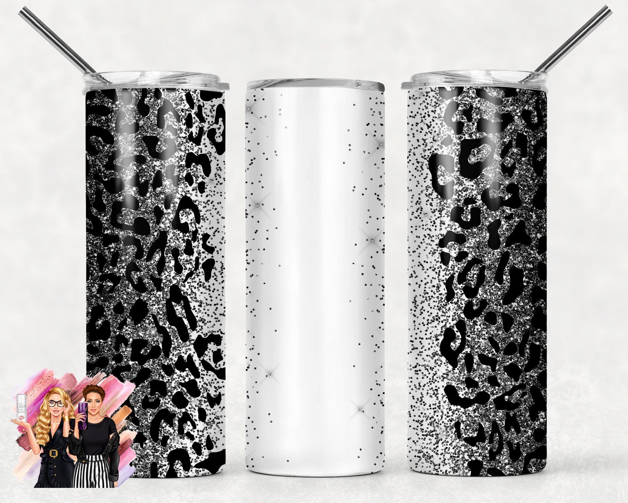 Silver Glitter Leopard Print Add Your Own Text Name Sublimation Tumbler Designs Cheetah Print - 20oz Skinny Tumbler Wraps Templates - PNG
