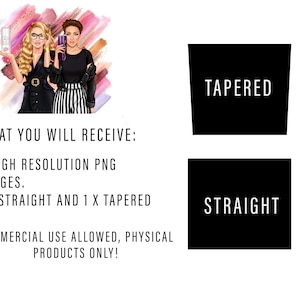 May include: Two digital illustrations of women with different hairstyles. One woman has straight hair and the other has tapered hair. The text "TAPERED" and "STRAIGHT" is displayed below each image.
