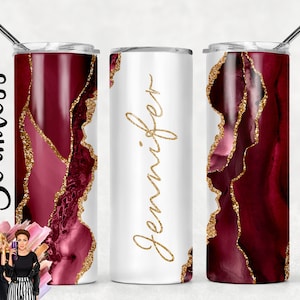 Ajoutez votre propre texte/nom Designs de gobelets à sublimation en marbre rouge bordeaux agate or, 20 oz - Modèles de gobelets skinny 20 oz - PNG