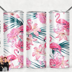 Flamingo Floral Sublimation Tumbler Designs - 20oz Skinny Tumbler Wraps Templates - PNG