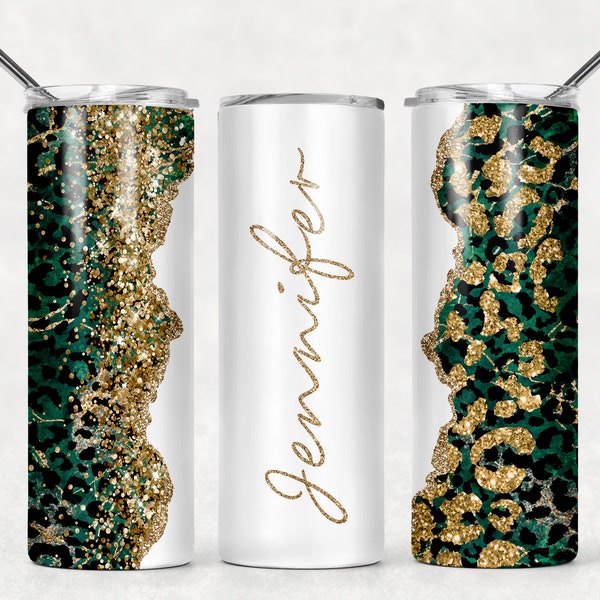 Add Your Name Emerald Green Gold Black Agate Glitter Animal Print Leopard Sublimation Tumbler Designs - 20oz Skinny Tumbler Templates - PNG